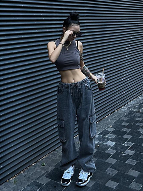 Qweek cyber y2k cinza carga calças de brim feminino retro vintage grunge  perna larga calças jeans de grandes dimensões streetwear hip hop bolsos -  AliExpress